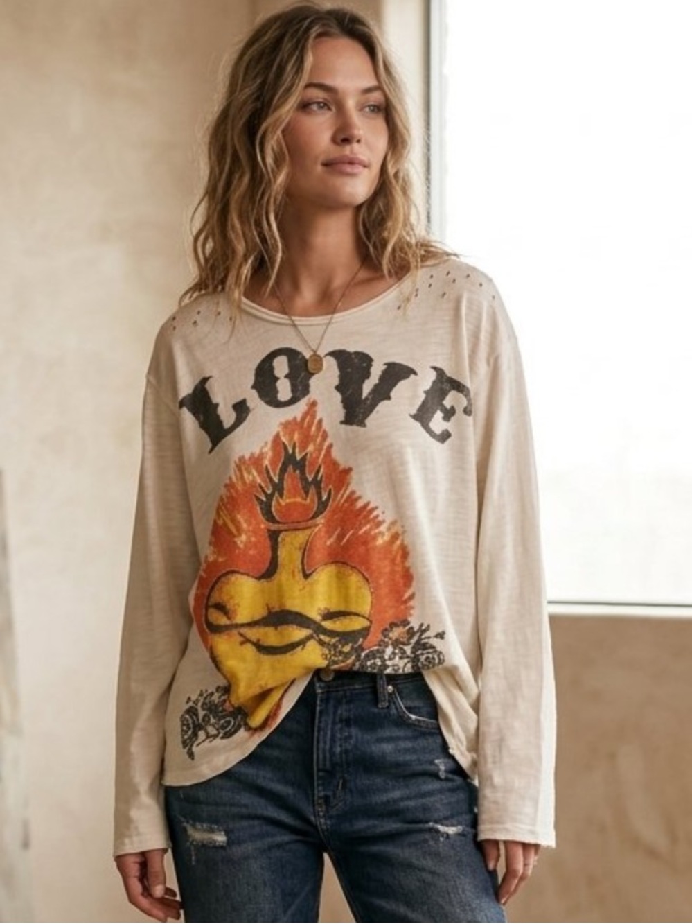 Magnolia pearl love on fire, long sleeve graphic T-shirt